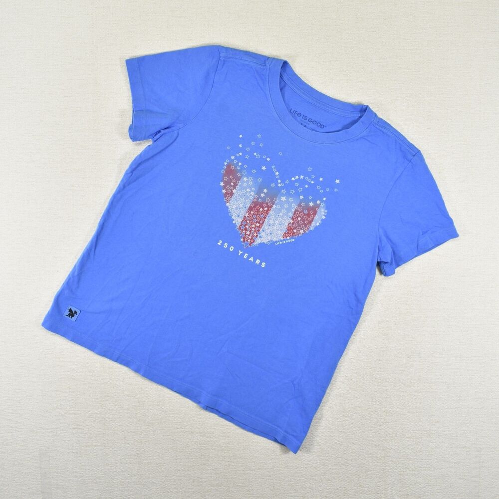 Life is Good Womens M Americas 250 Blue American Flag Heart T Shirt Crusher Tee